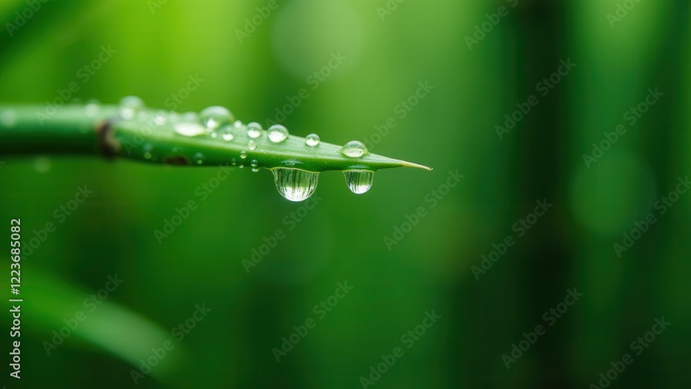 Macro photography of dew drops on a green grass blade with natural reflections Macro photography of dew drops on a green grass blade with natural reflections