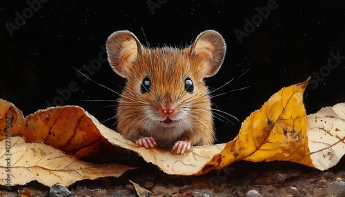Watercolor a tiny field mouse peeking out from under a fallen leaf, nose twitching curiously
