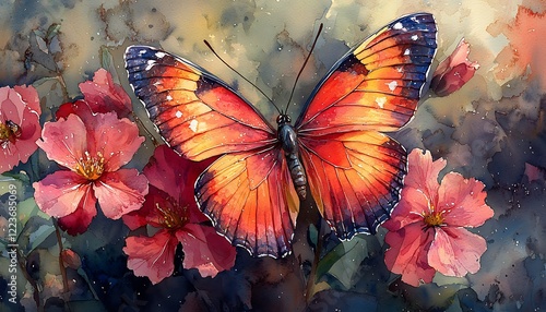 Watercolor a vibrant butterfly alighting on a blooming flower, wings delicately poised for flight