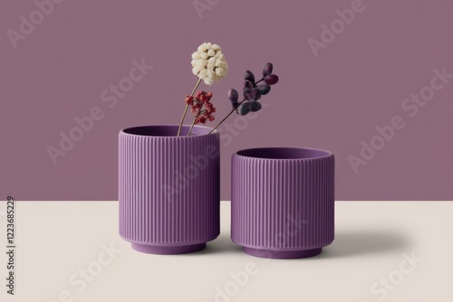 Two purple ceramic planters with ribbed texture and dried flowers.