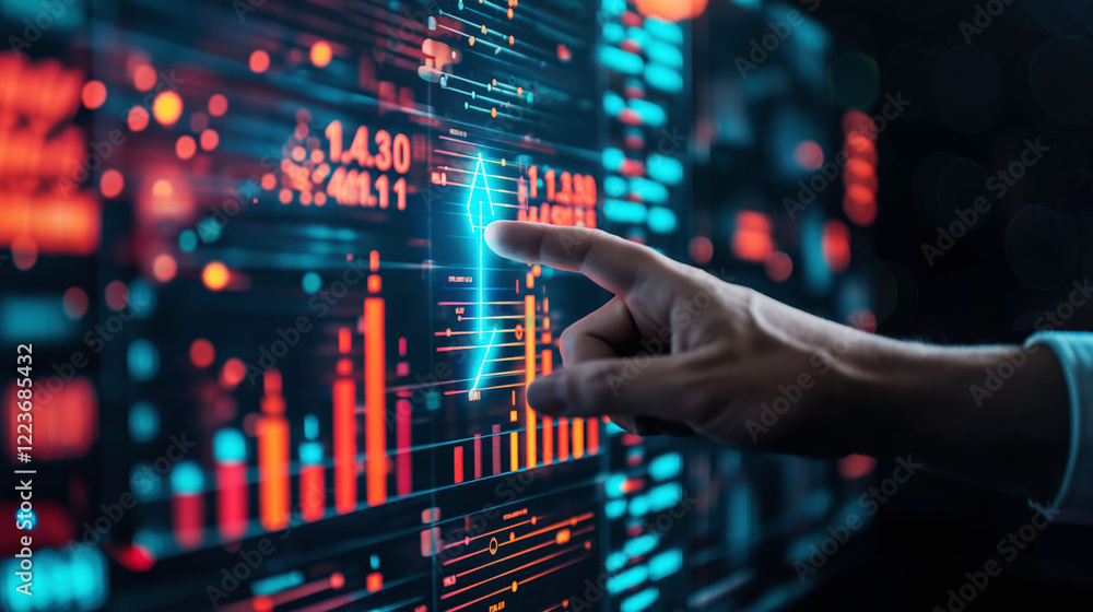 Professional points at innovative graph with rising rocket icon in glowing futuristic interface, clean background Professional points at innovative graph with rising rocket icon in glowing futuristic interface, clean background