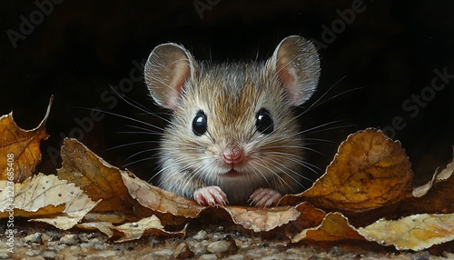 Watercolor a small mouse peeking out from beneath a leaf, whiskers twitching curiously