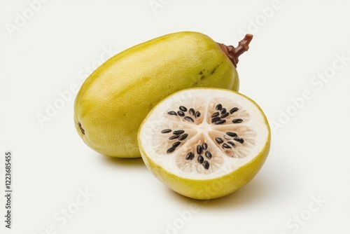 A whole and halved yellow fruit with black seeds, likely a papaya or similar tropical fruit. photo