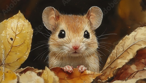 Watercolor a small mouse peeking out from beneath a leaf, whiskers twitching curiously photo