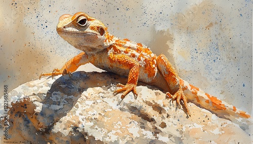 Watercolor a small lizard basking on a sun-warmed rock, its skin textured and vibrant in the light