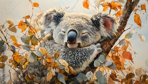 Watercolor a sleepy koala clutching a eucalyptus tree, nestled comfortably among the branches