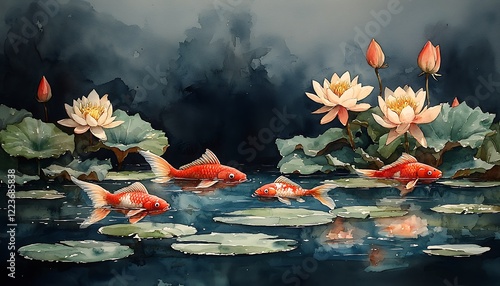 Watercolor a serene goldfish pond, with lily pads and blossoming flowers around