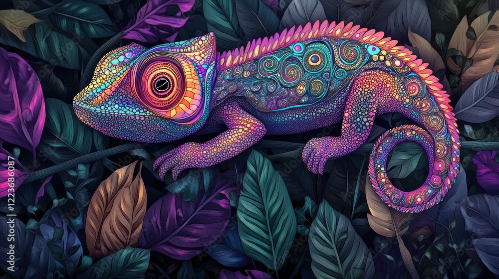 Obraz premium Vibrantly Colored Veiled Chameleon on Leaves