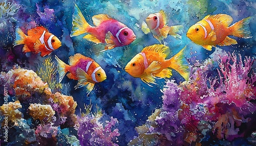 Watercolor a school bright tropical fish darting through the vibrant coral a reef