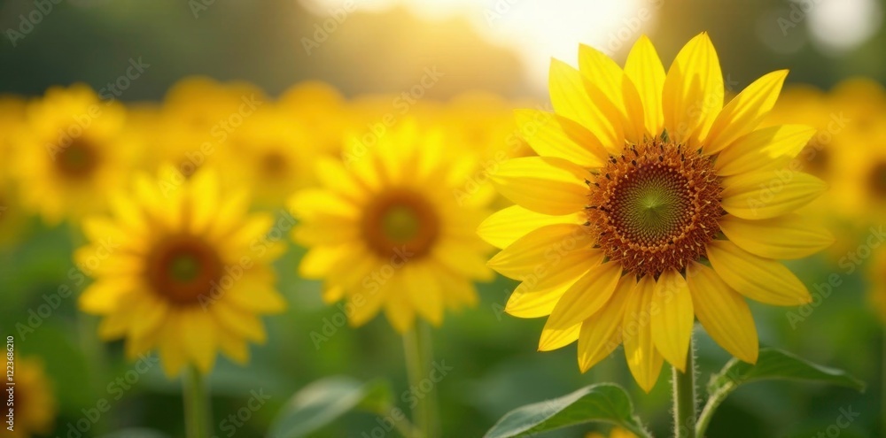 Shining sunflowers in a field of heart-shaped wild flowers, bright yellow petals, yellow hues Shining sunflowers in a field of heart-shaped wild flowers, bright yellow petals, yellow hues
