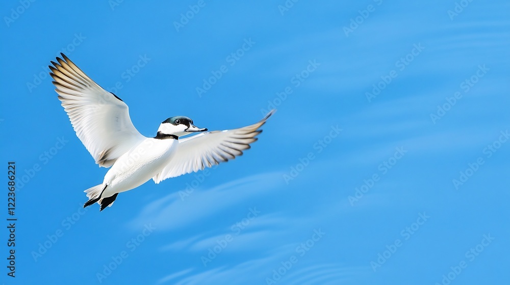 Bucephala albeola flying, blue sky, water reflection, wildlife Bucephala albeola flying, blue sky, water reflection, wildlife