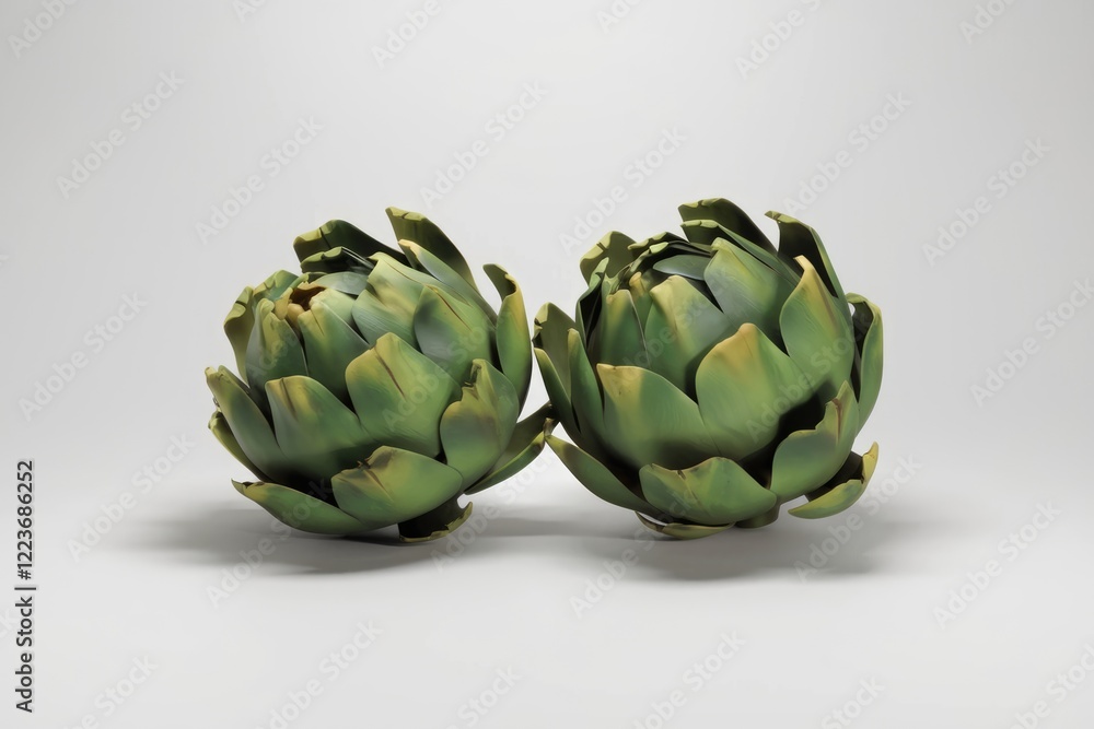 Obraz premium Two whole artichokes with green and yellow hues sit on a white surface.