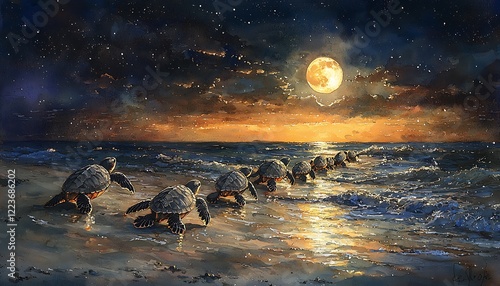 Watercolor a row baby turtles making their way to the ocean, guided by the moonlight