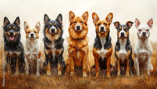 Watercolor a row different dog breeds sitting together in a park, each displaying unique features