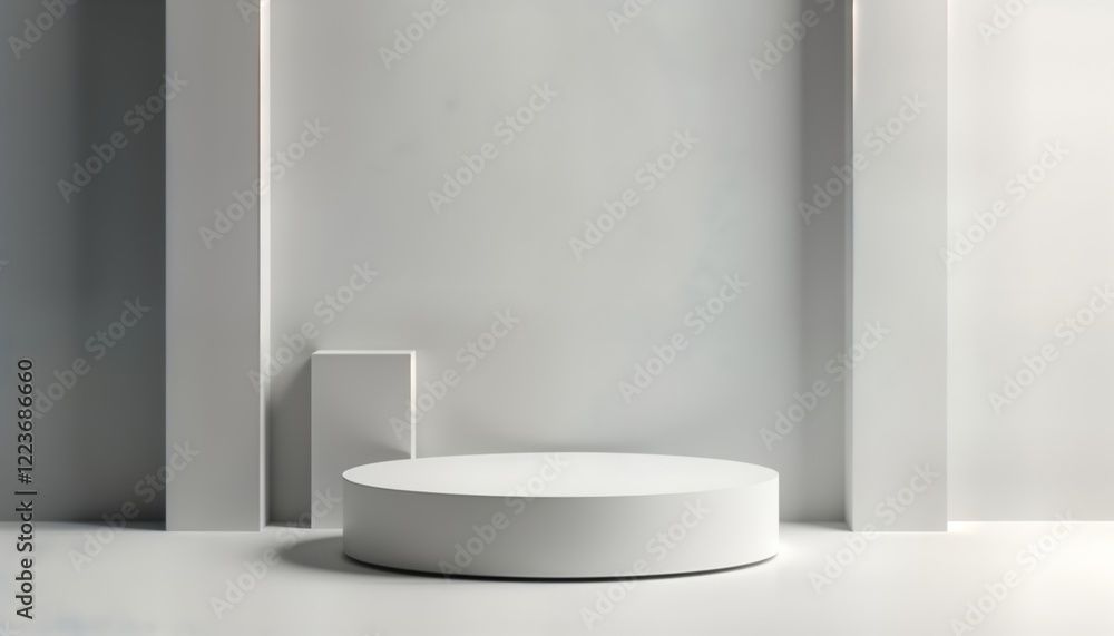 Empty white pedestal product display. Minimalist modern design. Blank space for product placement. Geometric shapes create clean aesthetic. Ideal for various items. Versatile design. Suitable for Empty white pedestal product display. Minimalist modern design. Blank space for product placement. Geometric shapes create clean aesthetic. Ideal for various items. Versatile design. Suitable for