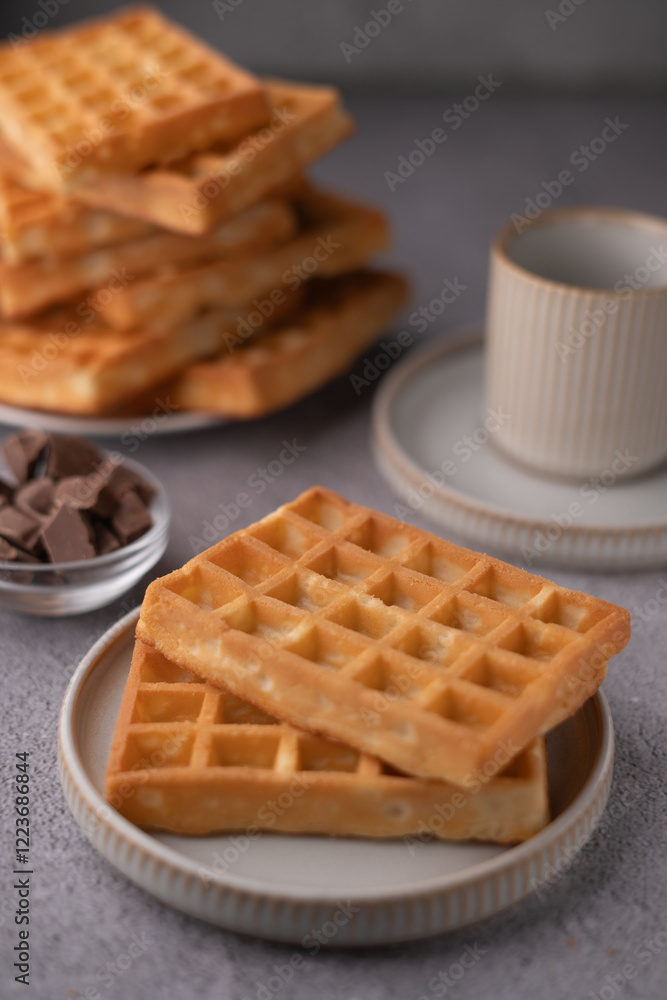 Delicious golden brown waffles stacked with chocolate pieces, artfully displayed on ceramic plates, ideal for breakfast or brunch food photography inspiration Delicious golden brown waffles stacked with chocolate pieces, artfully displayed on ceramic plates, ideal for breakfast or brunch food photography inspiration