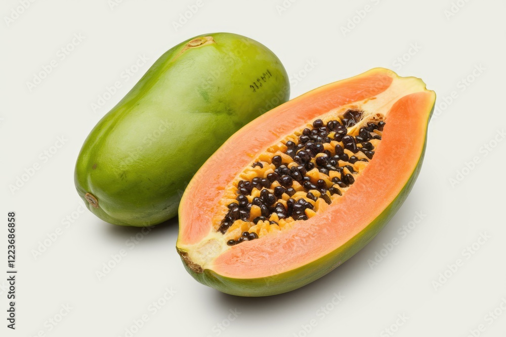 A whole papaya and a halved papaya with black seeds. A whole papaya and a halved papaya with black seeds.