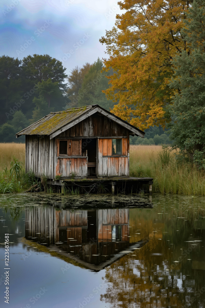 A small wooden house sitting on top of a body of water A small wooden house sitting on top of a body of water