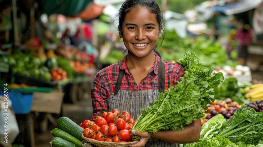 Fototapeta premium A young woman smiles warmly as she proudly displays fresh produce at a vibrant farmer's market. The colorful vegetables and her cheerful demeanor create a lively atmosphere.