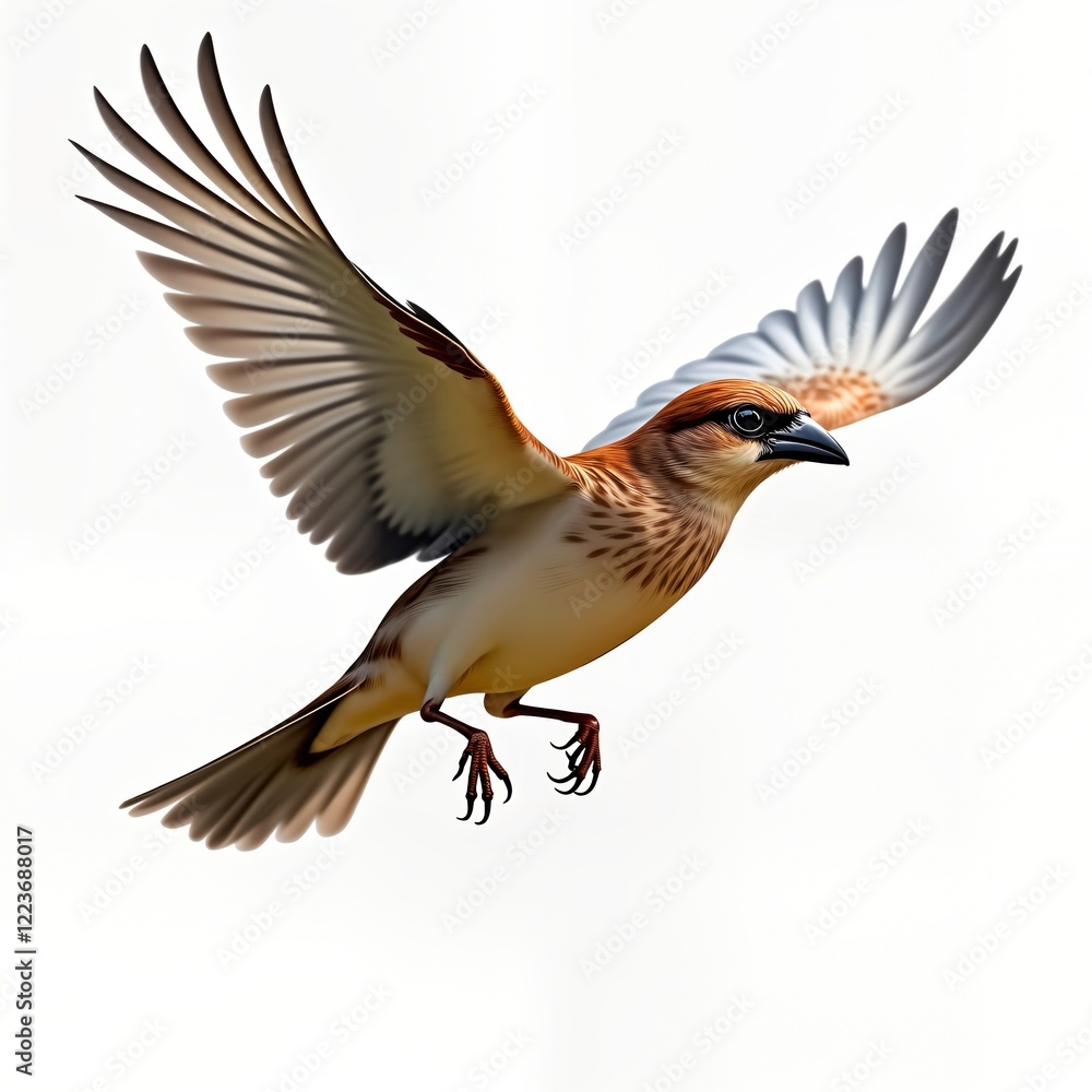 Obraz premium Detailed illustration of house sparrow in flight. Photorealistic rendering shows intricate wing details, feather patterns. Bird in mid-air against plain white background. Natural colors, lighting