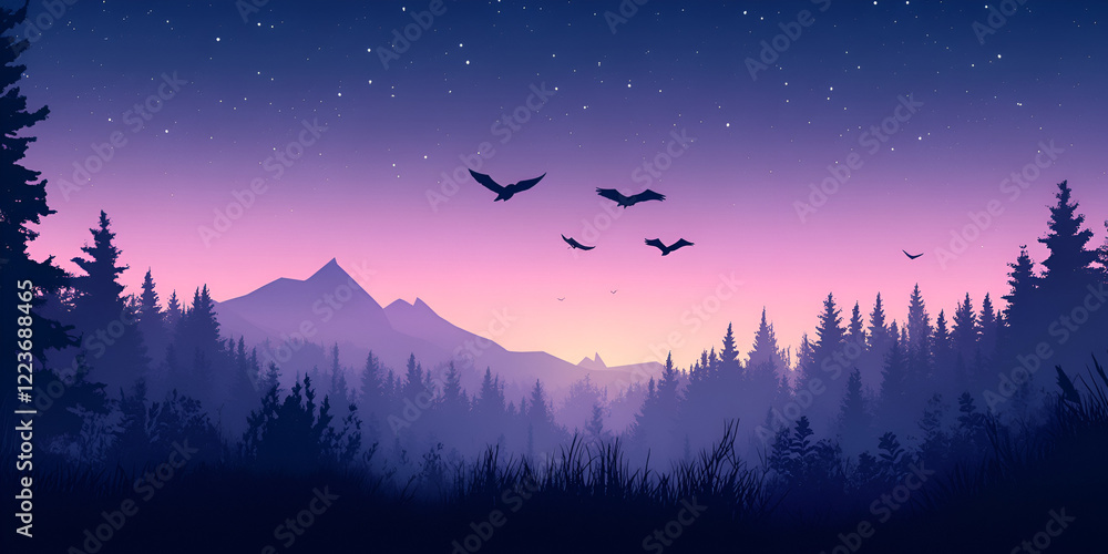 Silhouette of Birds Flying Across a Twilight Sky with Orange Hues Silhouette of Birds Flying Across a Twilight Sky with Orange Hues