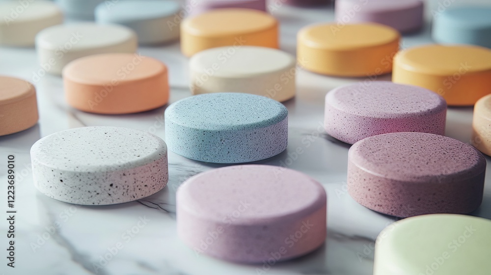 A colorful array of different-shaped tablets displayed on a marble surface. A colorful array of different-shaped tablets displayed on a marble surface.