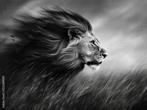 A powerful black and white artistic depiction of a lion with its majestic mane flowing in the wind, set against an open savannah backdrop under a cloudy sky.