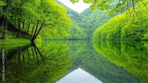 Serene lake reflecting lush green forest, tranquil valley. Nature scene for travel brochures