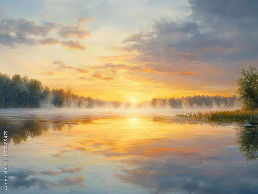 Fototapeta premium A breathtaking sunrise casts warm hues across a tranquil lake, surrounded by misty trees, reflecting serene beauty and calmness in a peaceful natural setting.