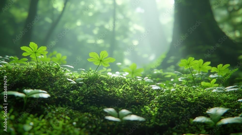 Fototapeta premium Sunlit Forest Moss, Plants, Sunlight, Nature Background, Ecology