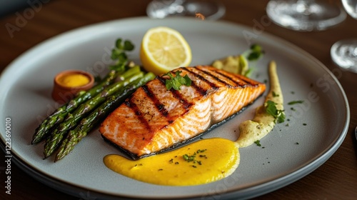 A plate of food with a salmon fillet, asparagus, and lemon slices. The plate is set on a wooden table