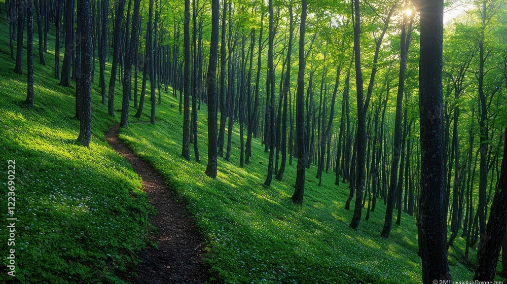 Fototapeta premium Sunlit forest path, hillside, spring bloom, nature