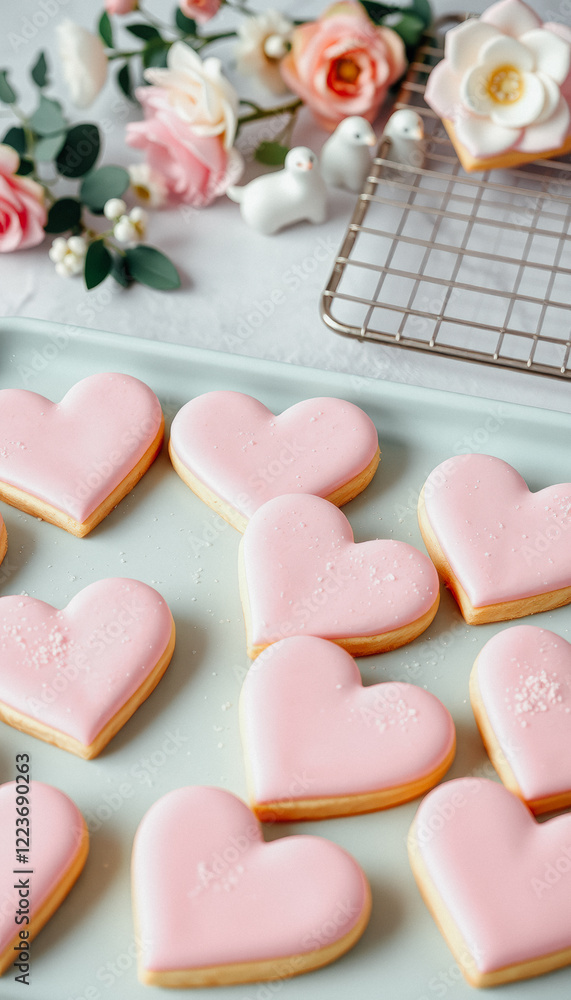 Pink Heart-Shaped Cookies with Flowers for Valentine's Day Pink Heart-Shaped Cookies with Flowers for Valentine's Day