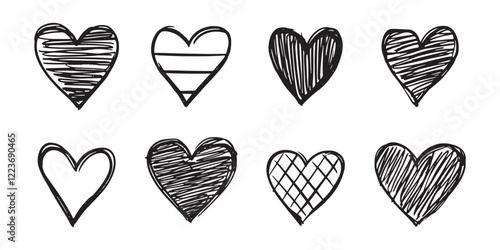 Set of black hearts, stylized hearts of different shapes on a white background. Hearts for Valentine's Day. Vector illustration. Love romance and wedding symbols