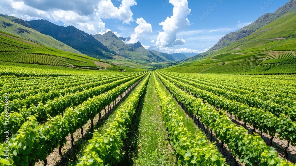 Vineyard rows in mountain valley, sunny day, agriculture. Use Wine industry promotion Vineyard rows in mountain valley, sunny day, agriculture. Use Wine industry promotion