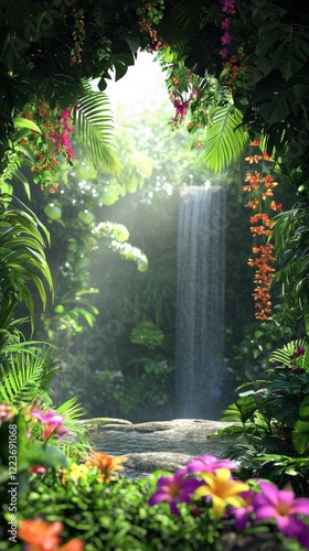 Tropical rainforest waterfall surrounded by colorful flowers and vines