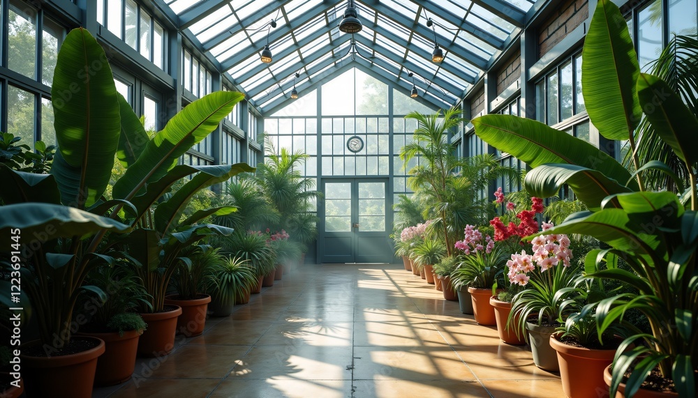 Lush tropical plants and flowers in a sunny greenhouse corridor. Lush tropical plants and flowers in a sunny greenhouse corridor.