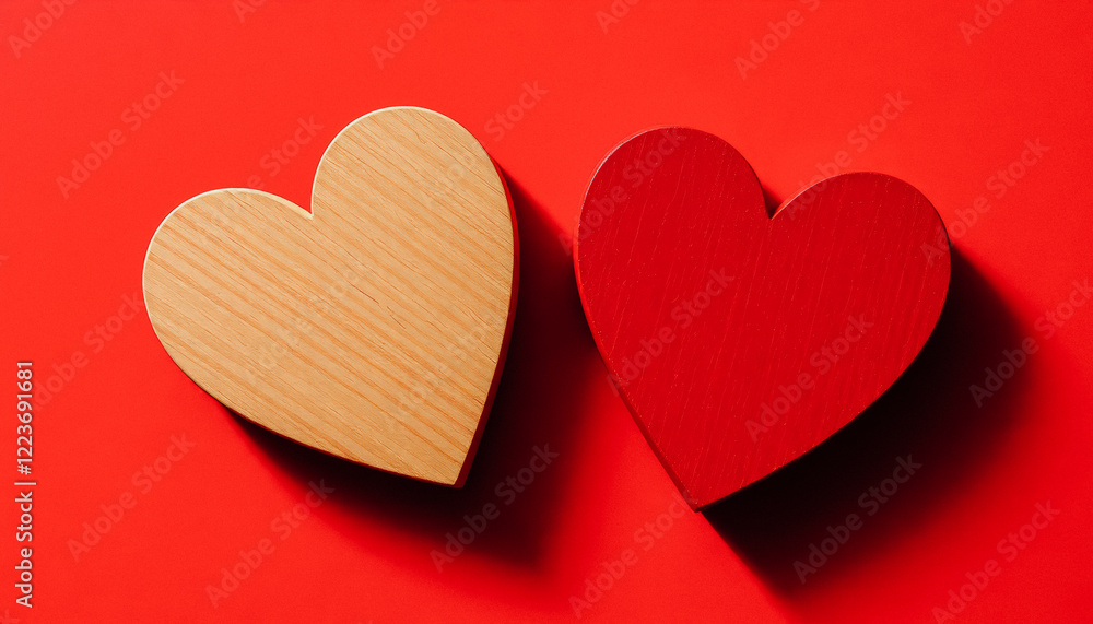 Obraz premium Two wooden hearts, one red and one natural, vertically aligned on a deep red background with dramatic shadows.