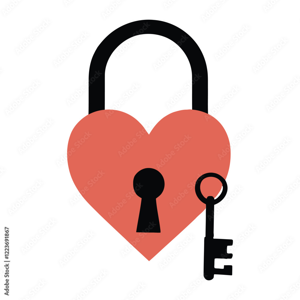 A simple, flat design graphic of a heart-shaped lock with a matching key A simple, flat design graphic of a heart-shaped lock with a matching key