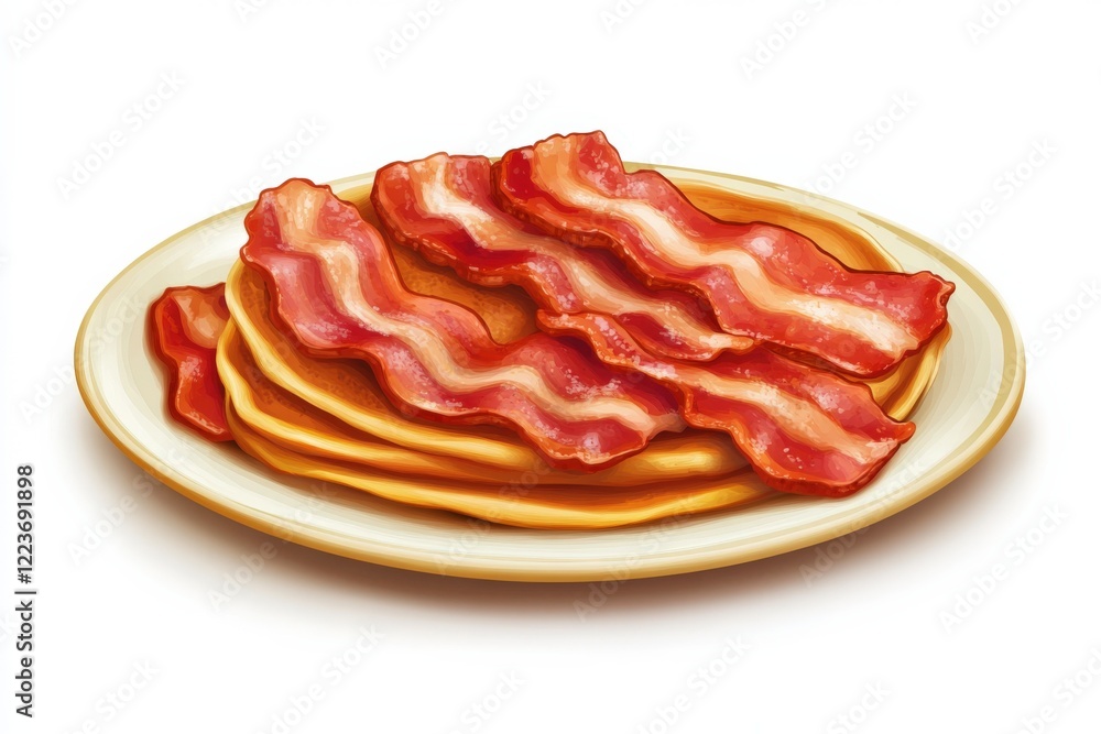 Pancakes And Bacon. Delicious Breakfast with Crispy Bacon on White Plate Pancakes And Bacon. Delicious Breakfast with Crispy Bacon on White Plate