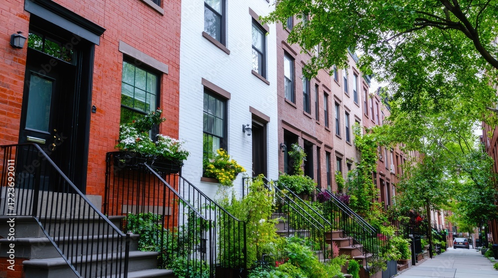 Charming city row houses, tree-lined street, spring blooms, residential neighborhood, ideal for real estate