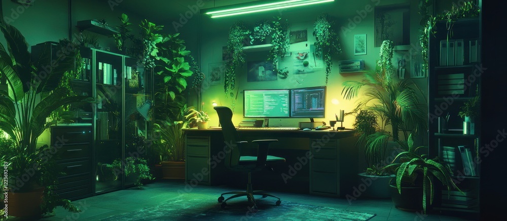 Lush Green Gamer's Sanctuary: A Nighttime Oasis of Code and Plants