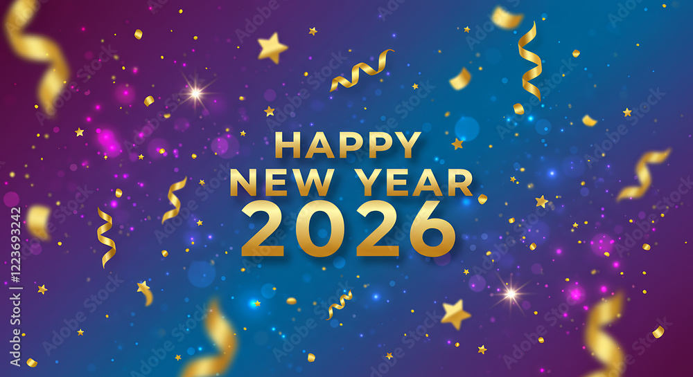 Happy New Year 2026: Festive Celebration Background with Confetti and Stars Happy New Year 2026: Festive Celebration Background with Confetti and Stars