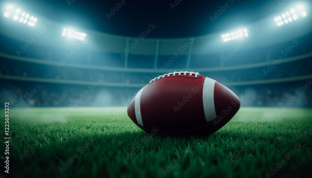 A football placed on grass with smoke and bright stadium lights, emphasizing the drama of the game. A football placed on grass with smoke and bright stadium lights, emphasizing the drama of the game.
