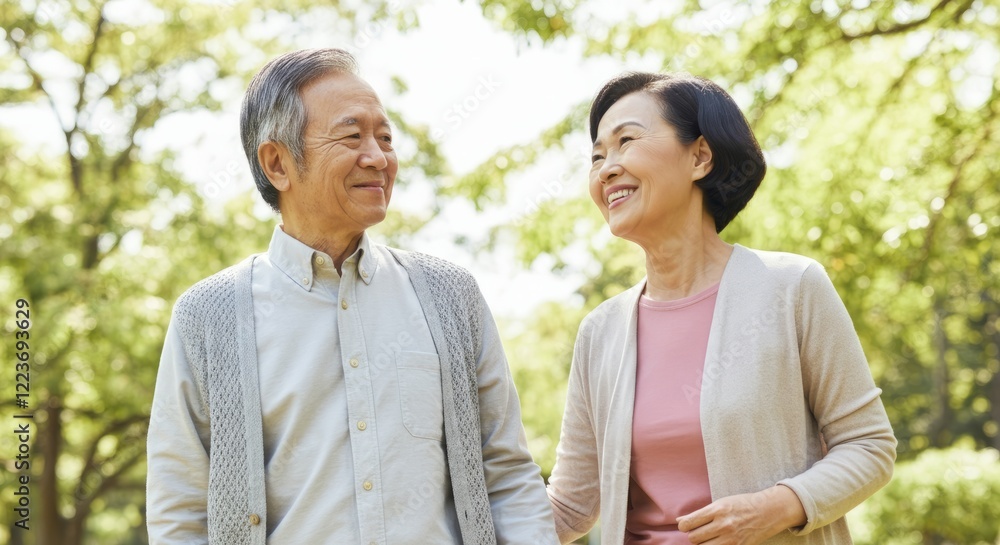 Man and a woman are walking together in a park Man and a woman are walking together in a park