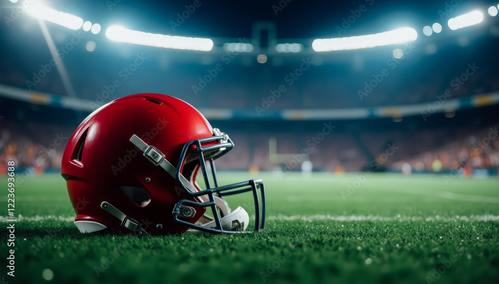Fototapeta premium Close-up of a red football helmet on grass with a blurred stadium background under bright lights.