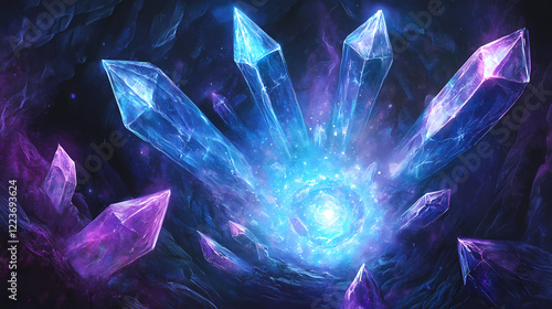 Wallpaper Mural A mystical cavern filled with a circle of glowing crystals, their vibrant blue and purple light illuminating the stone walls, as magical energy pulses from their core. Sparkling Cavern. Illustration Torontodigital.ca