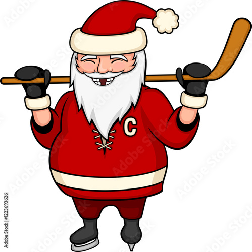 Vector illustration of a cartoon Santa Claus in an ice hockey uniform, holding a hockey stick, smiling to show missing teeth.