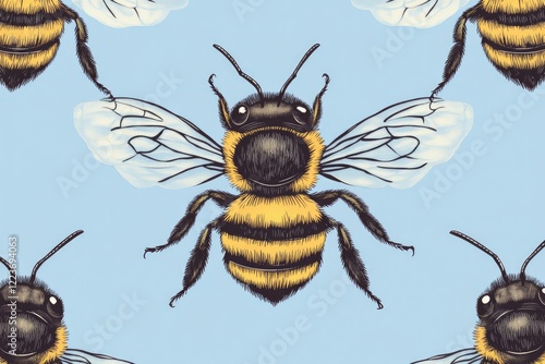 A drawing of a bee with its wings spread out. The bee is surrounded by other bees, creating a pattern. The image has a whimsical and playful mood, as if the bees are dancing or having fun