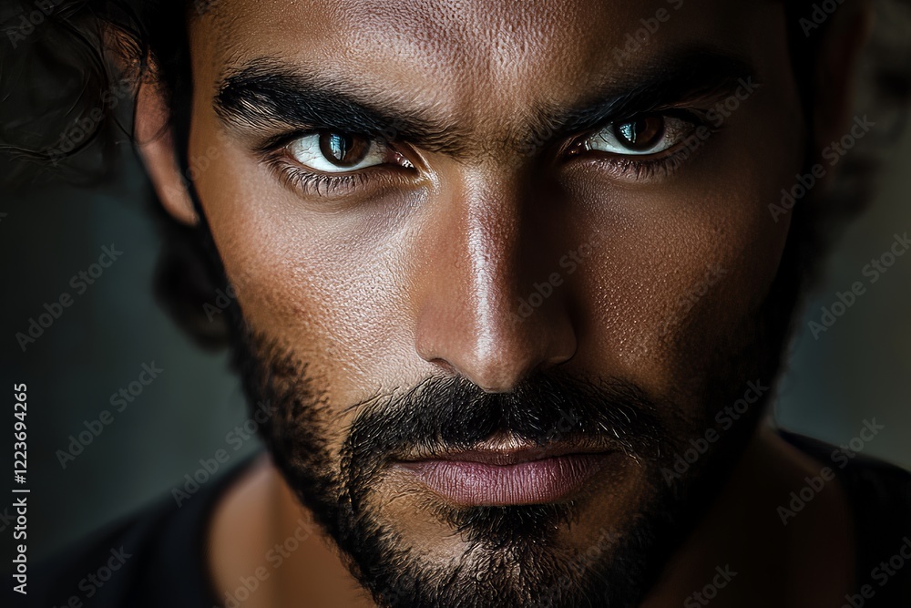 Fototapeta premium A close-up portrait of a man exuding intensity and mystery, with striking blue eyes and a defined beard, captured in deep contrast and a cinematic style.